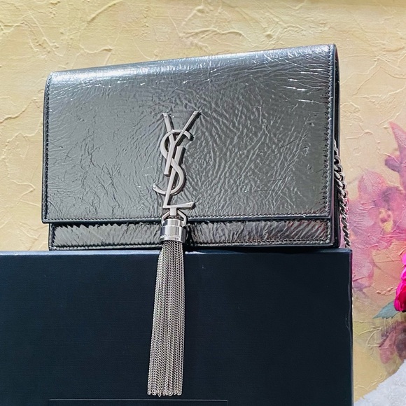 YSL wallet on Chain Wrinkled Metallic Leather Crosbody - Picture 1 of 13
